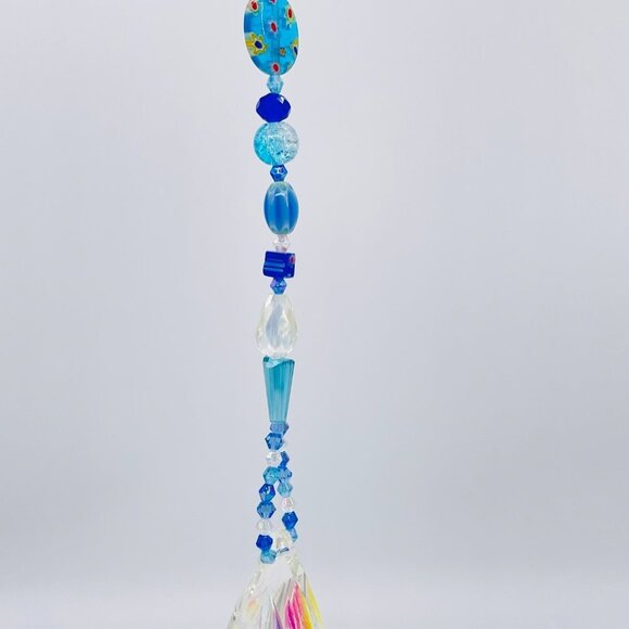 Beaded Suncatcher - Blue - Clear Crystal Prism - Indoor Outdoor Hanging Decor - Picture 12 of 14